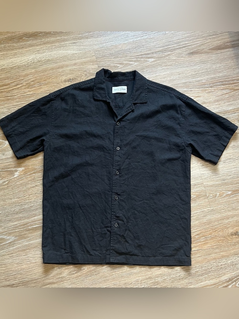 Vintage Hong Kong YeeYeung Black Linen Blend Camp Collar Shirt Mens L Resort